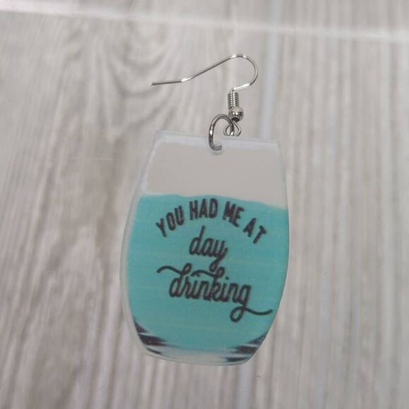 You Had Me At Day Drinking Womens Wire Earrings Turquoise Blue Black Writing - Picture 2 of 4